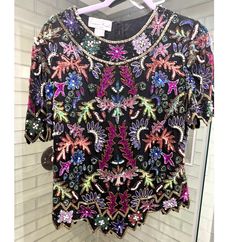 Vintage Laurence Kazar Silk Beaded Sequin Floral Blouse Black PL Petite Large